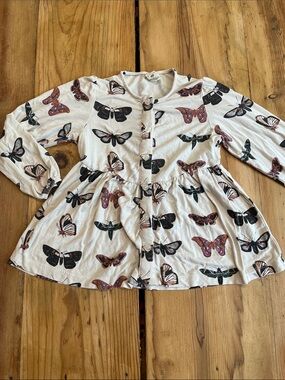 KATE QUINN 3T Butterfly Printed Blouse Elastic Cuff Bamboo Blend Button Up
